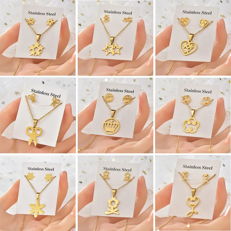 

20set/lot Trendy Luxury Stainless Steel Flower Star Pendant Chain Necklace Stud Earring for Women Party Fashion Jewelry Set