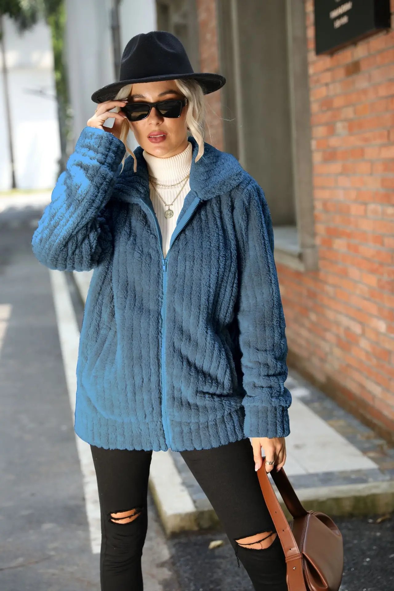 Fashionable new style women's lapel pit strip zipper long sleeve solid color medium long reversible plush coat