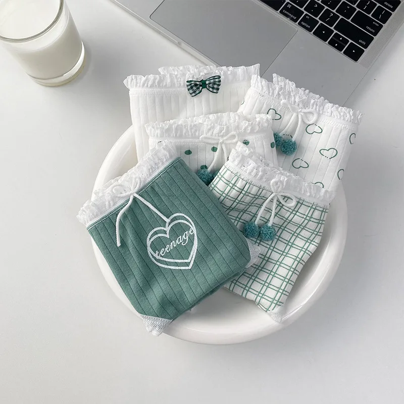 

60PCS Female's Cute Green Underpants Cotton Antibacterial Crotch Korean Dot Printed Girl Butterfly Panties Students Bow Briefs