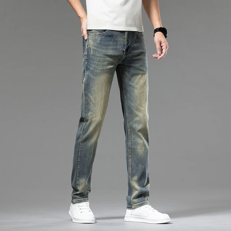Джинсы мужские тонкие состаренные летние узкие эластичные длинные брюки с