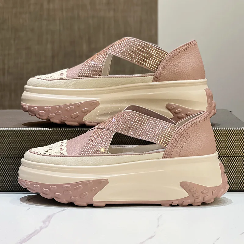 Air Mesh Genuine Leather Rhinestone Design Comfy Sandals Breathable Shoes Chunky Sneakers Spring Summer Platform Wedge Shoes