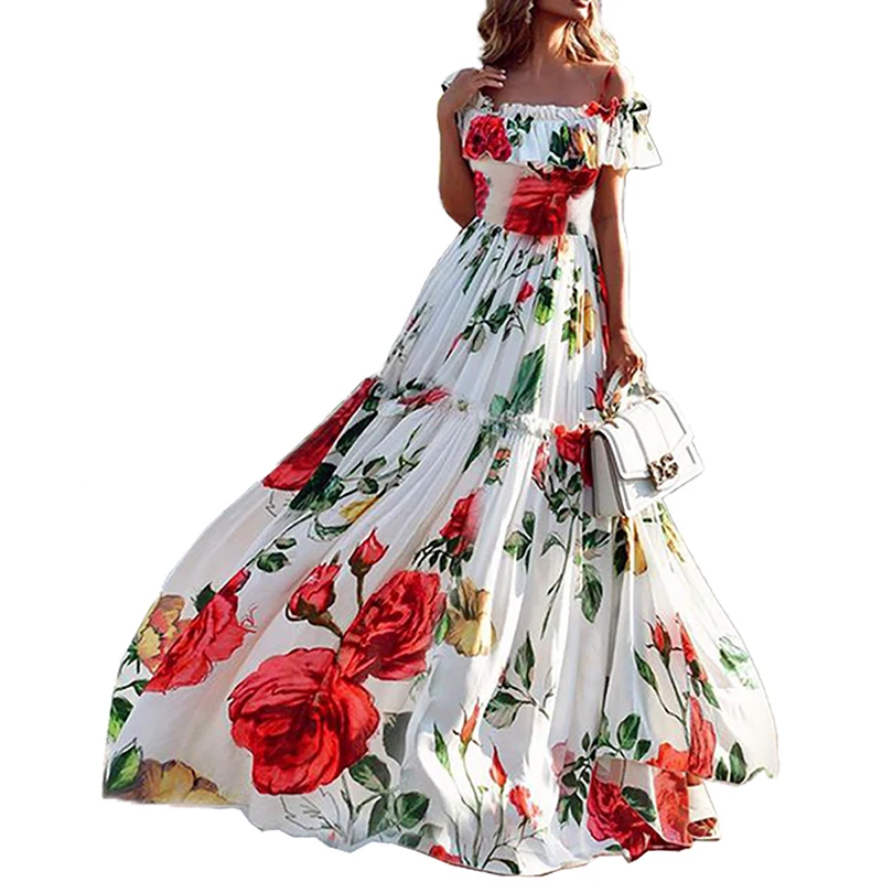 

Fashion One Shoulder Printed Short Sleeve Maxi Dress 2022 Bohemian Elegant Large Swing Long Dress Women Summer Party Dresses New