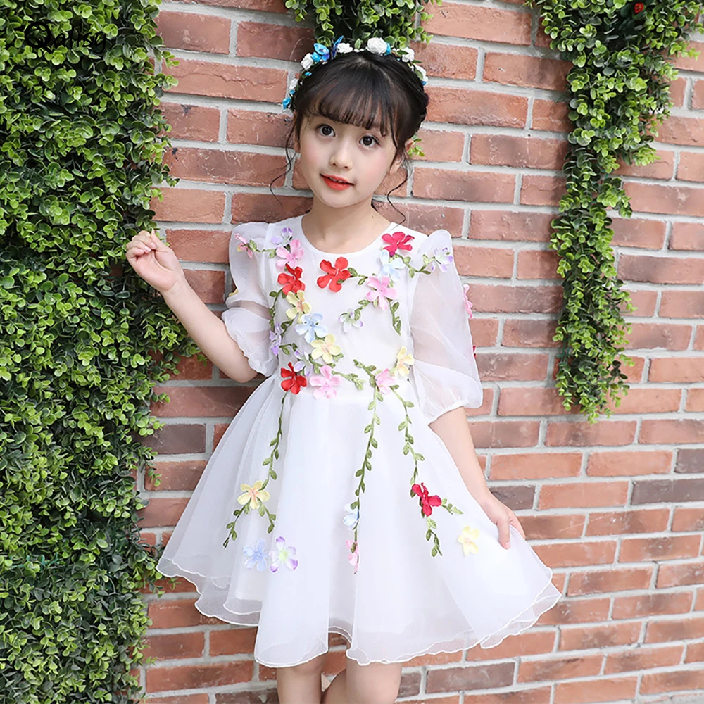 

Элегантное платье с цветами для девочек, платье принцессы на свадьбу, вечеринку, повседневная детская одежда, кружевное платье с коротким р...