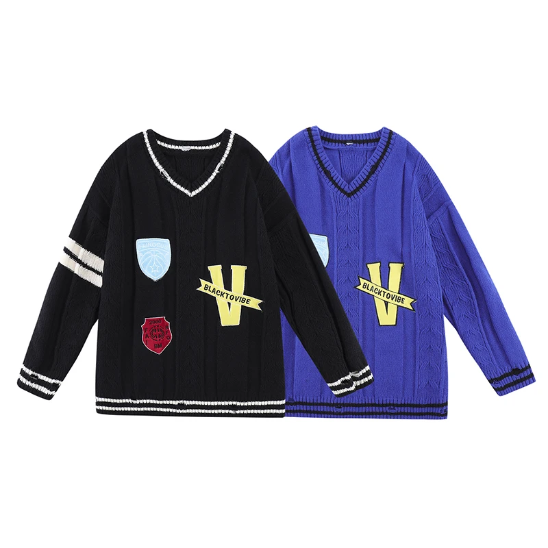 Retro Streetwear V Neck Badge Spliced Pullover Men's Sweaters Harajuku Hip Hop Loose Knitted Casual Winter Clothes Oversized