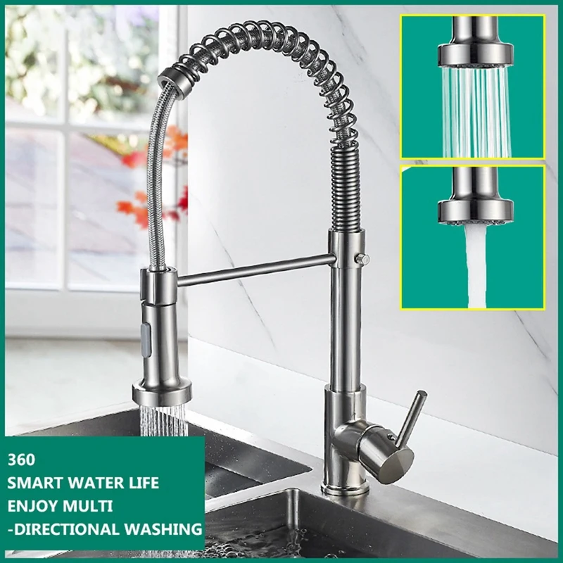 

Hot Cold Kitchen Sink Faucets Copper 360 Rotation Single Lever Pull Out Spring Spout Mixer Tap Crane