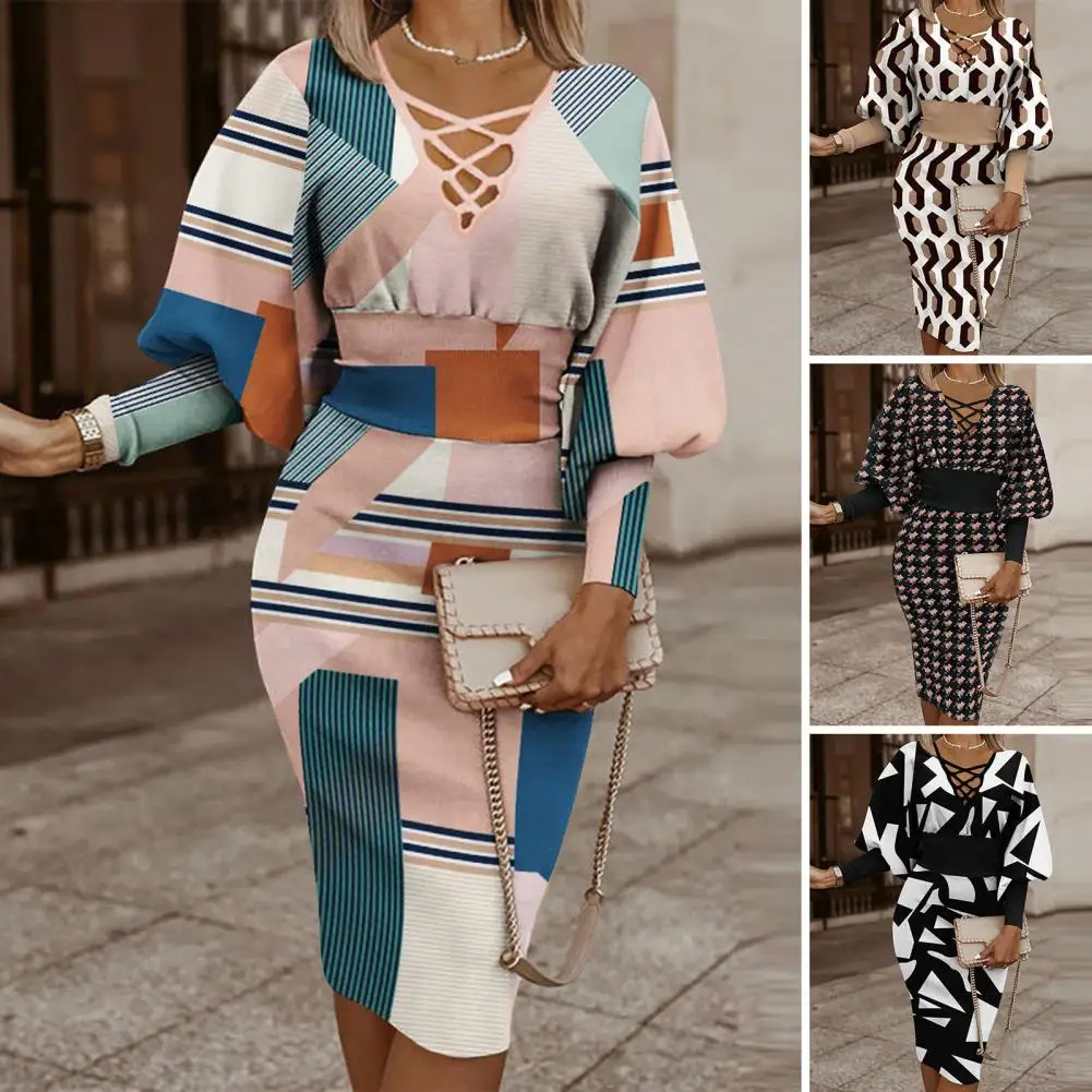 

Elegant Dress Colorful Print V-neck Party Dresses with Elegant Lantern Sleeves High Waist for Women's Formal Events Women Midi
