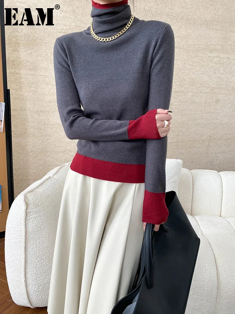 [EAM] Серый тонкий вязаный свитер с цветными блоками водолазка длинным рукавом