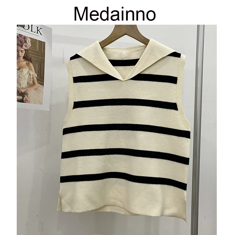 

Medainno 2023 Fashion Spring New Women Sleeveless Striped Knitted Sweater Vest Versatile Loose Simple Casual Tops Female Chic