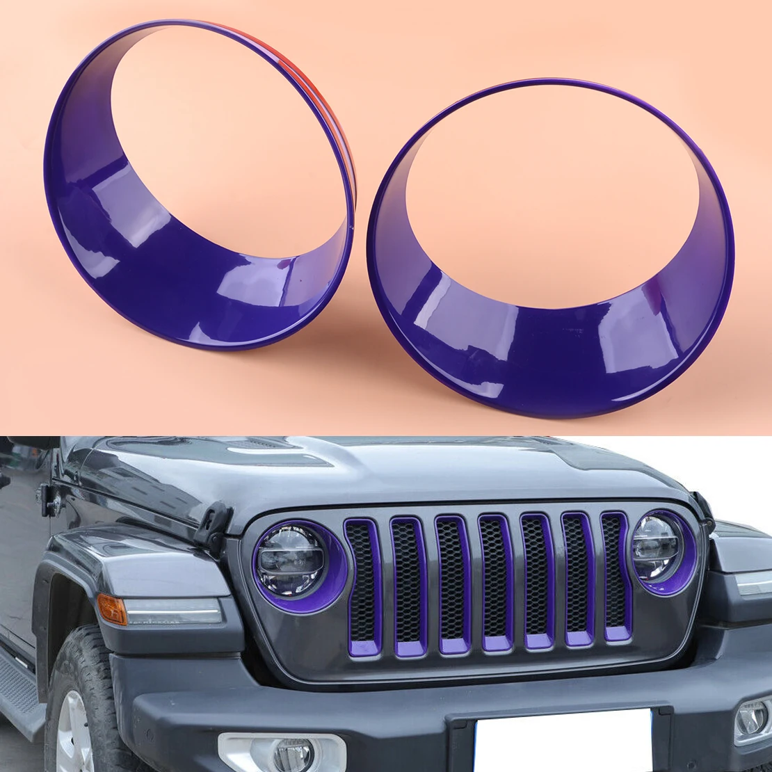 

2Pcs Purple Car ABS Front Left Right Headlight Ring Bezel Trim Fit for Jeep Wrangler JL JT 2018 2019 2020 2021