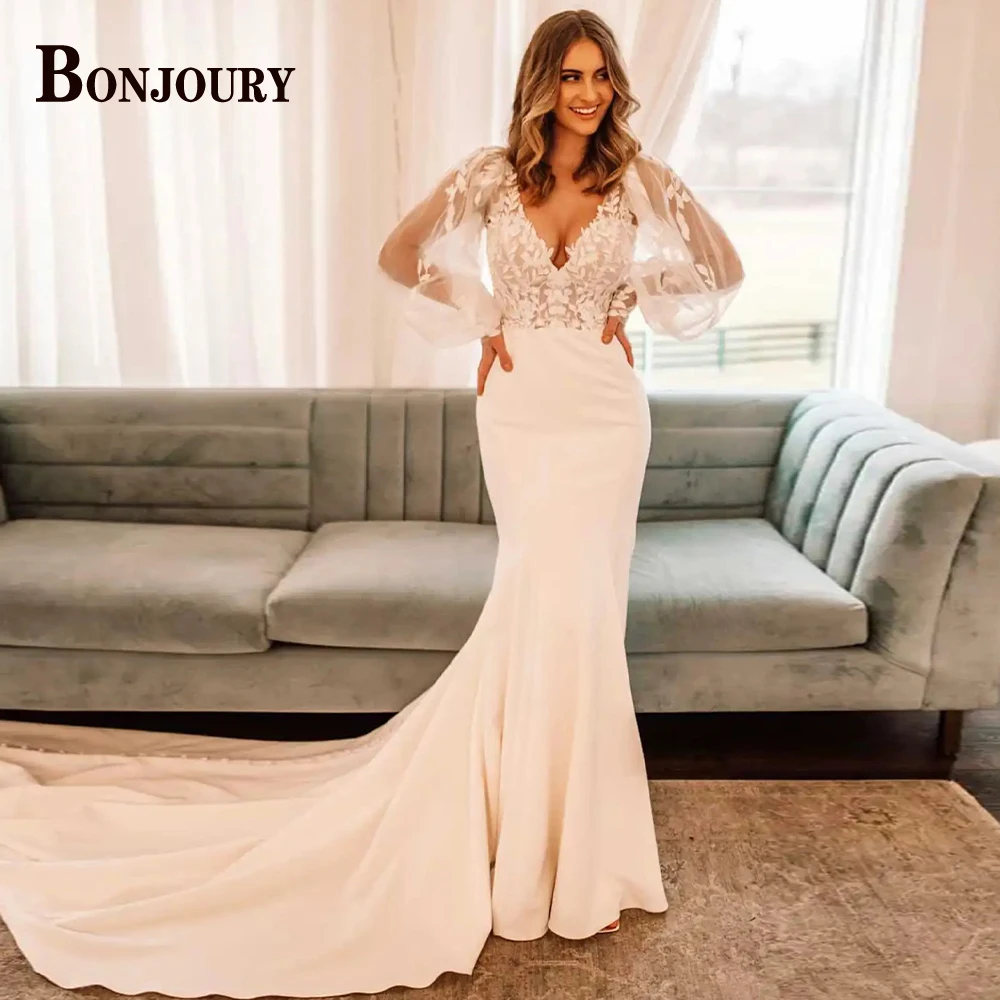 

BONJOURY Classic Wedding Dresses 2023 For Women V-neck Backless Mermaid Bride Vestidos De Noiva Appliques Made To Order Formal