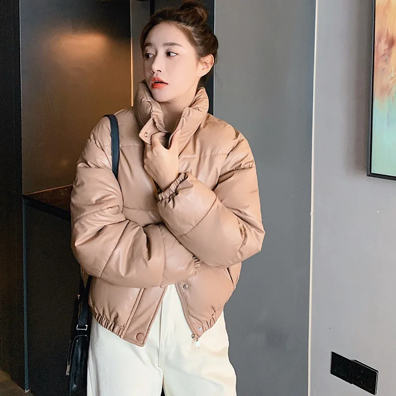 Women Pu Leather Short Down Coats Autumn Winter New Fashion Stand Collar Thick Coats Casual Commute All-Match Solid Color Jacket