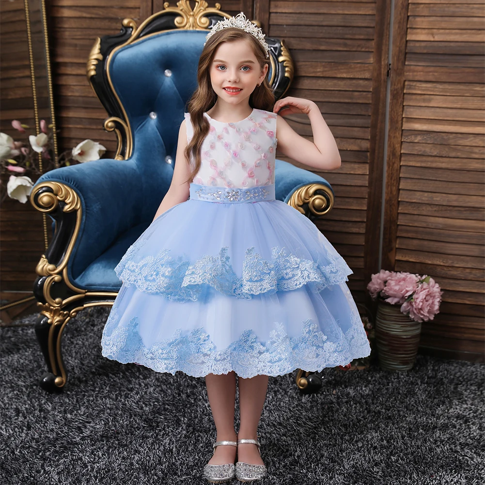 

Child Comfortable Clothes for Girl 2-10 Year Rhinestone Adorn Belt Design Tutu Costumes Pink Kid Flower Wedding Dress