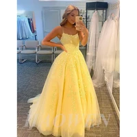 haowen dreamy yellow prom dresses spaghetti strap elegant long party dress a line lace up floor length backless evening dress