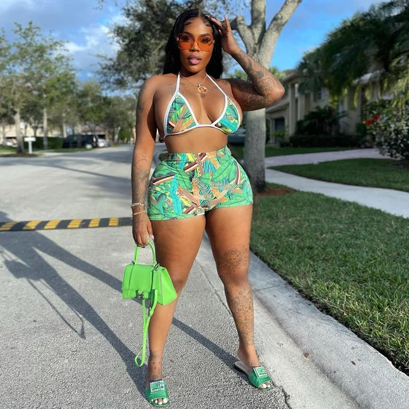 

Echoine Green Tie Dye Print Leaves Print Sexy Backless Bra Top and Shorts Two Piece Set Summer Beach Bikini Suit Swimwear 2022