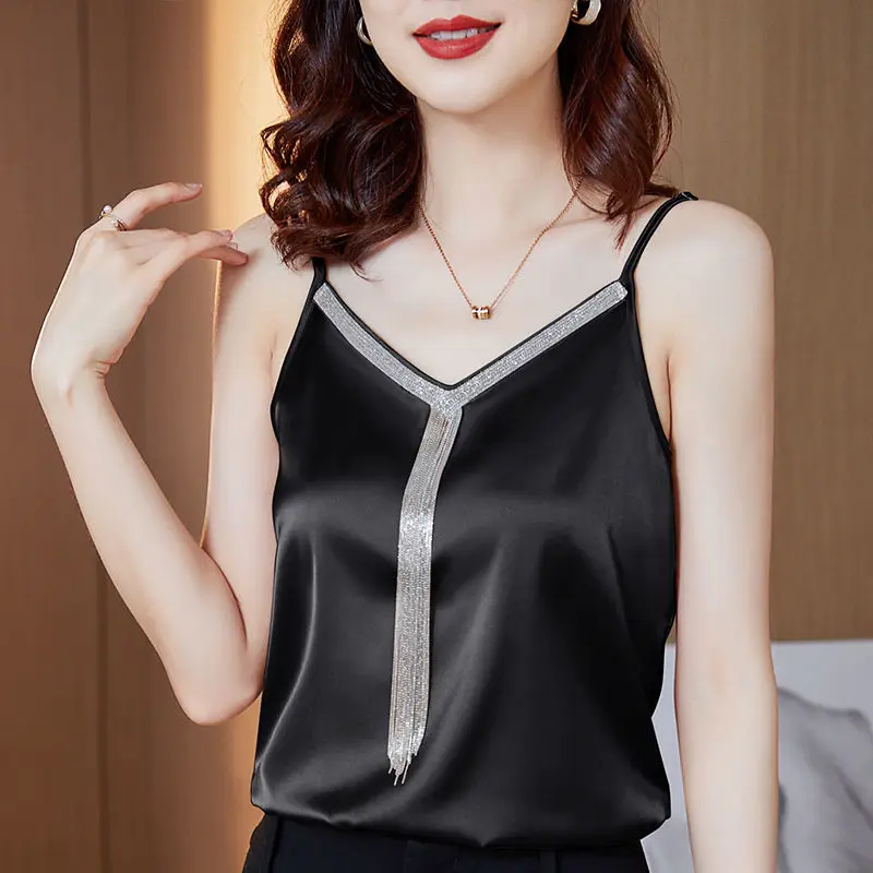 

M-4XL 2022 Women clothing Korean Satin Basic shirt Fashion Sexy Sleeveless Tassel Camisole Tops blusas de mujer woman tshirts