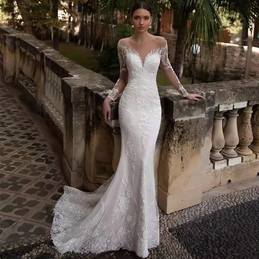 

Long Sleeved Fishtail Wedding Dress Mori New Bride Simple Deep V-neck Backless Photography Small Tailed Soft Yarn Shows Thin