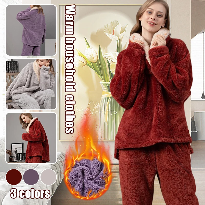 New Winter Coral Fleece Pajama Sets Tops +Pants Red Small Lapel Long Sleeve Flannel Sleepwear Women Thicken Warm Housewear
