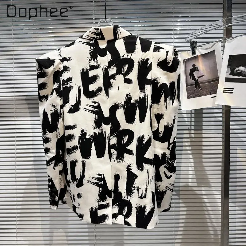 Spring New Style Letter Graffiti Design Jacket Three-Dimensional Padded Shoulder Business Suit Tailored Suit Coat for Women