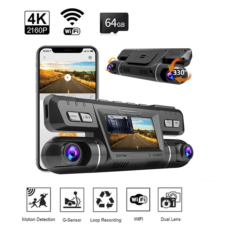 

Car Dual Dash Cam with 64G SD Card, 2160P Front and Cabin Dual Lens Security Camera Driving Recorder WiFi Car Taxi Uber