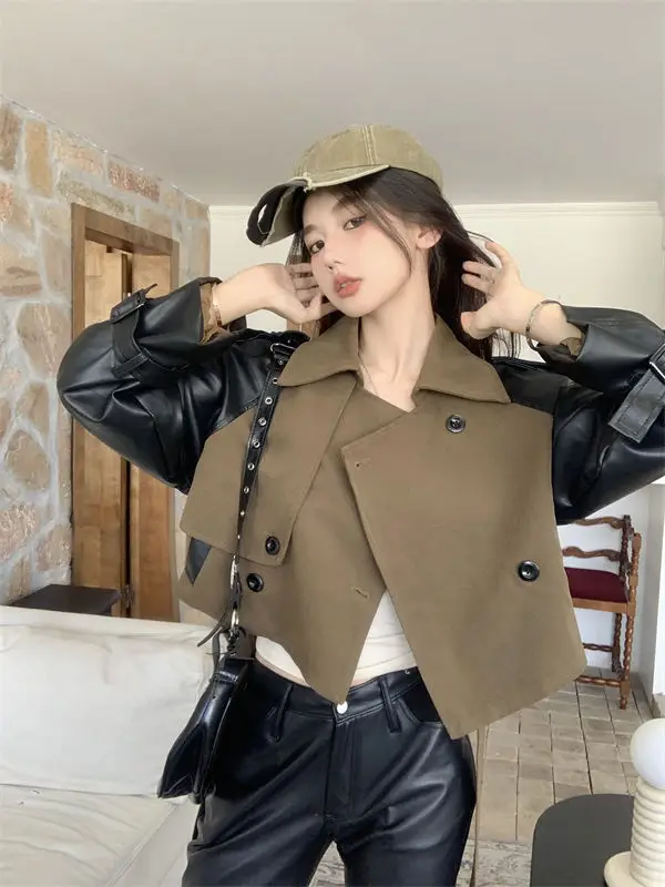 Американская ретро контрастного цвета сращенная куртка из искусственной кожи