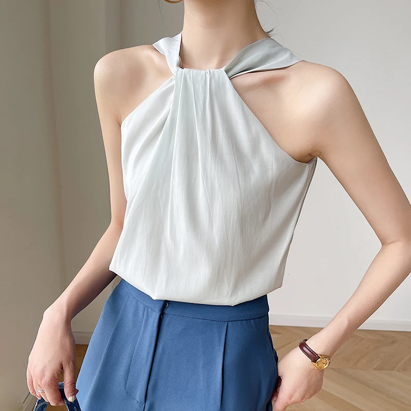 Лето 2022 Новый однотонный белый топ без рукавов для женщин Модный Элегантный