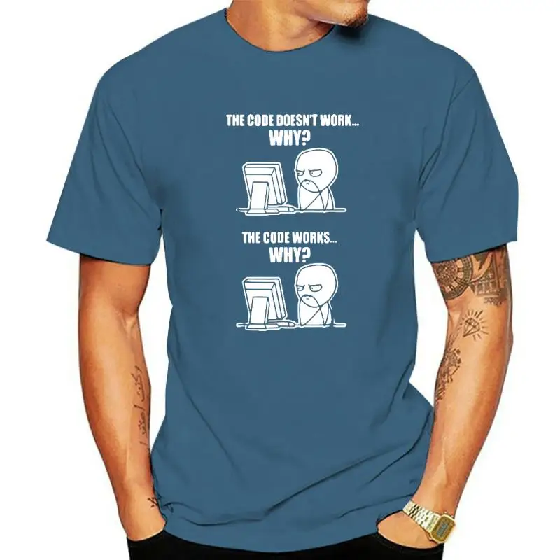 

Футболка мужская с забавным программатором Code Works Why, хлопковая тенниска с коротким рукавом и круглым вырезом, уличная одежда в стиле Харадзюку, Черная майка, на лето