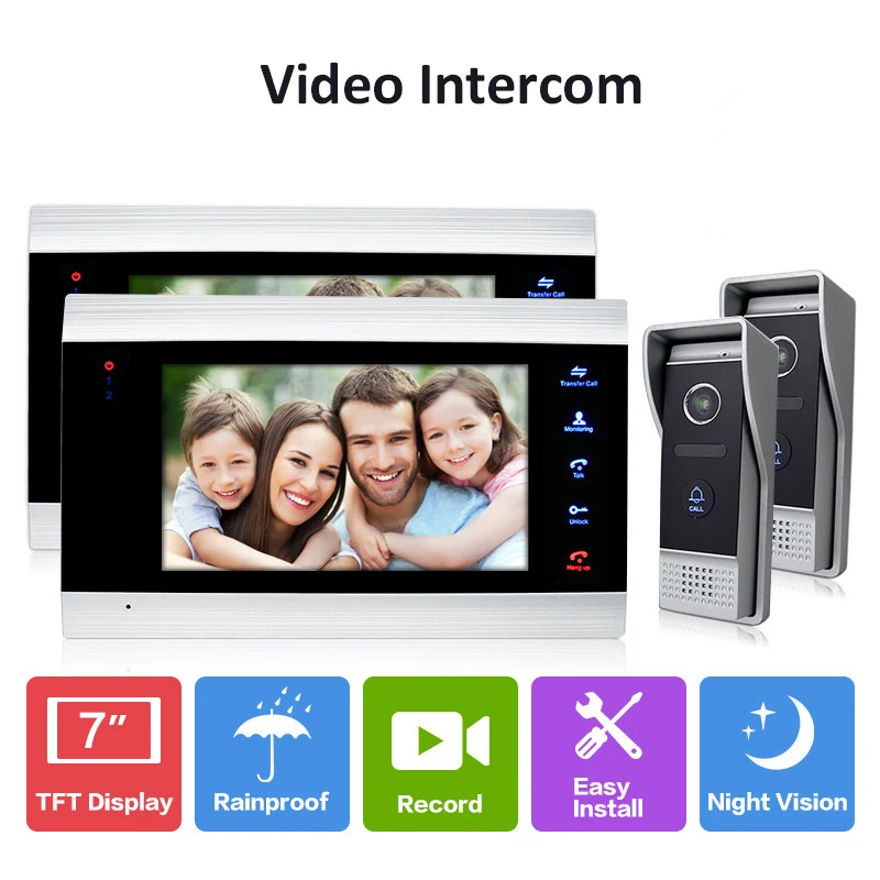 

7 inch Placa De Video Wired Doorphone Apartment Door Video Intercom with Record Entry Access 2 Monitor and 2 Doorbell Camera