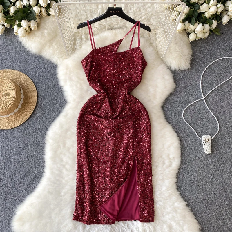 

Chic Sequin Backless Split Slip Dress Sleeveless Korean Fashion Vestidos Women Vintage Summer Hip Wrap Dress