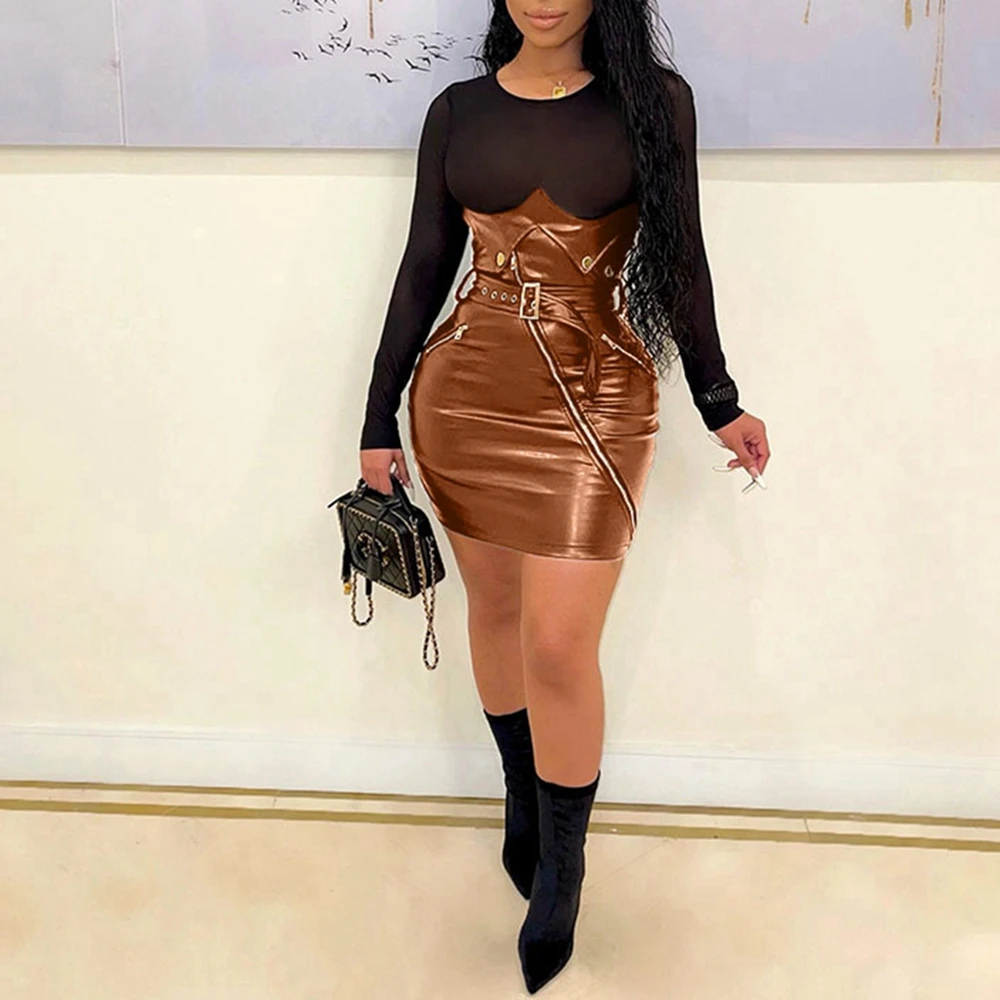 

Women's Summer Fashion Long Sleeve Sheer Mesh Pu Leather Stitching Bodycon Mini Dress with Belt Zipper Prom Party Short Dress