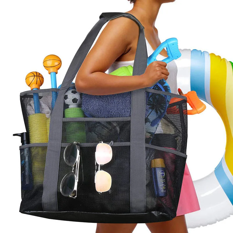 8 Pockets Summer Large Beach Bag For Towels Mesh Durable Beach Bag For Toys Waterproof Underwear Pocket Beach Tote Bag