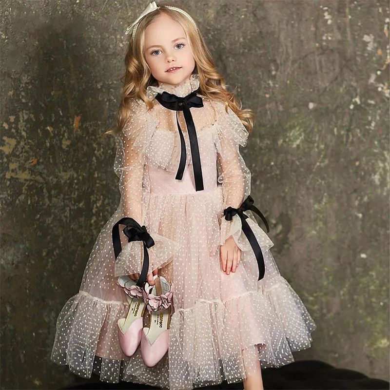 

Polka-dot Tulle Flower Girl Dresses Illusion Long Sleeves Kids Wedding Party Wear Ribbons Communion Birthday Gowns New Year