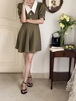 japan style patchworl color dress for women summer chic pointed collar puff sleeve mini a line dress lady harajuku vestidos