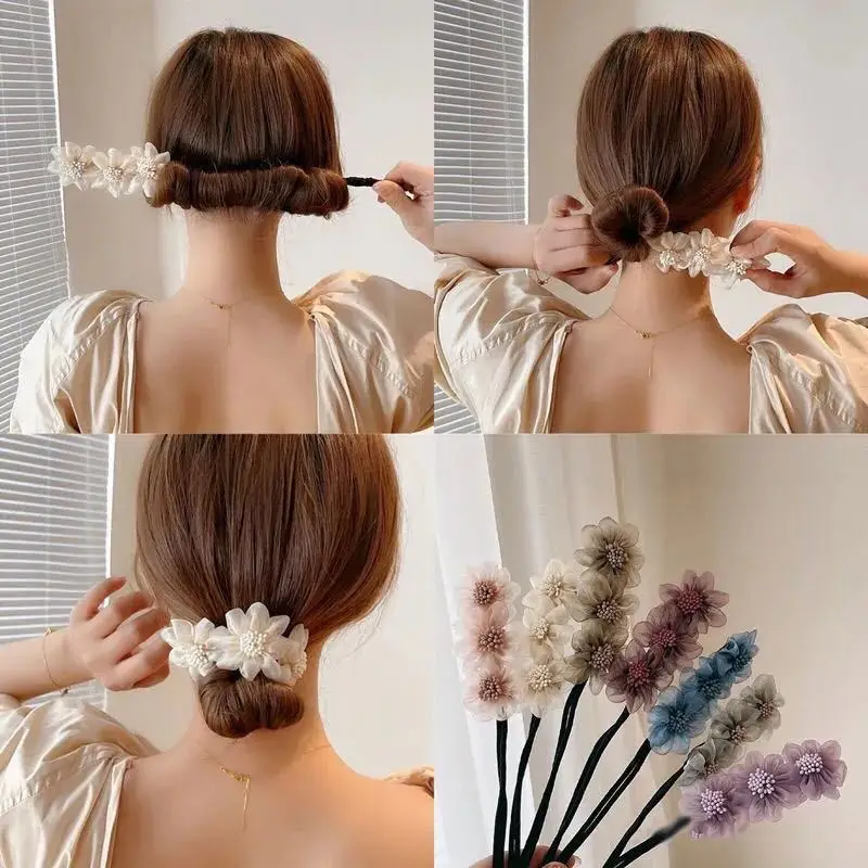 

New Women Fashion Elegant Bud Chiffon Flowers Bun Maruko Hairstyles Making Long Tools Sweet Headband Hairbands Hair Accessories