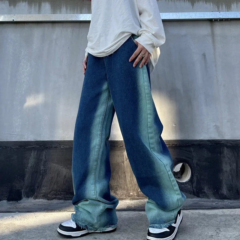 Streetwear Men 2022 New Pattern Vintage Gradient Blue Pants American Straight Cylinder Comfortable Loose Jeans Autumn Female