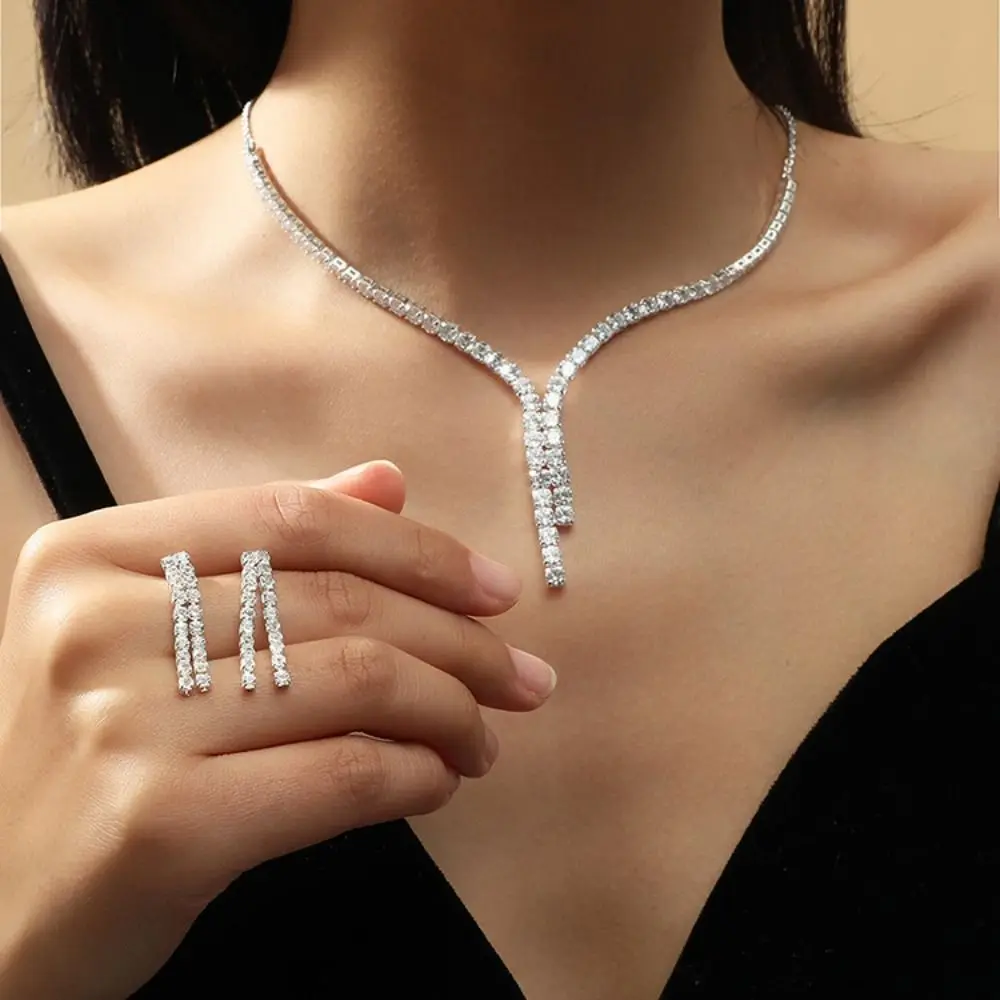 

Silver Shiny Elegant Simple Tassel Classic Crystal Jewelry Set 2 Layer Earrings Women Necklace Korean Style Jewelry