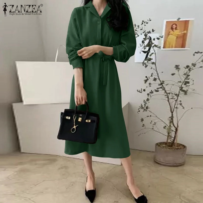 

Элегантное офисное платье ZANZEA, стильное платье-рубашка, Женский Повседневный Сарафан с длинным рукавом и отложным воротником, весна 2022, одн...