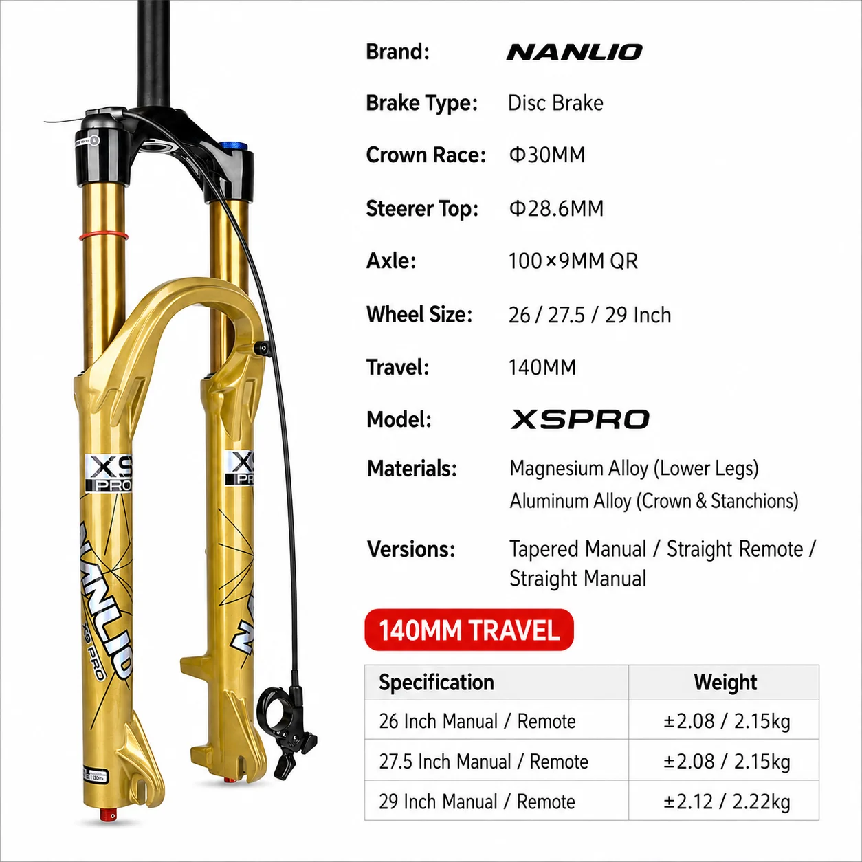 Фото Вилка амортизационная NANLIO X9 PRO MTB с воздушной подвеской, 34 мм шток, ход 140 мм, подходит для колес 26/27.5/29 дюймов, с регулировкой демпфирования №3