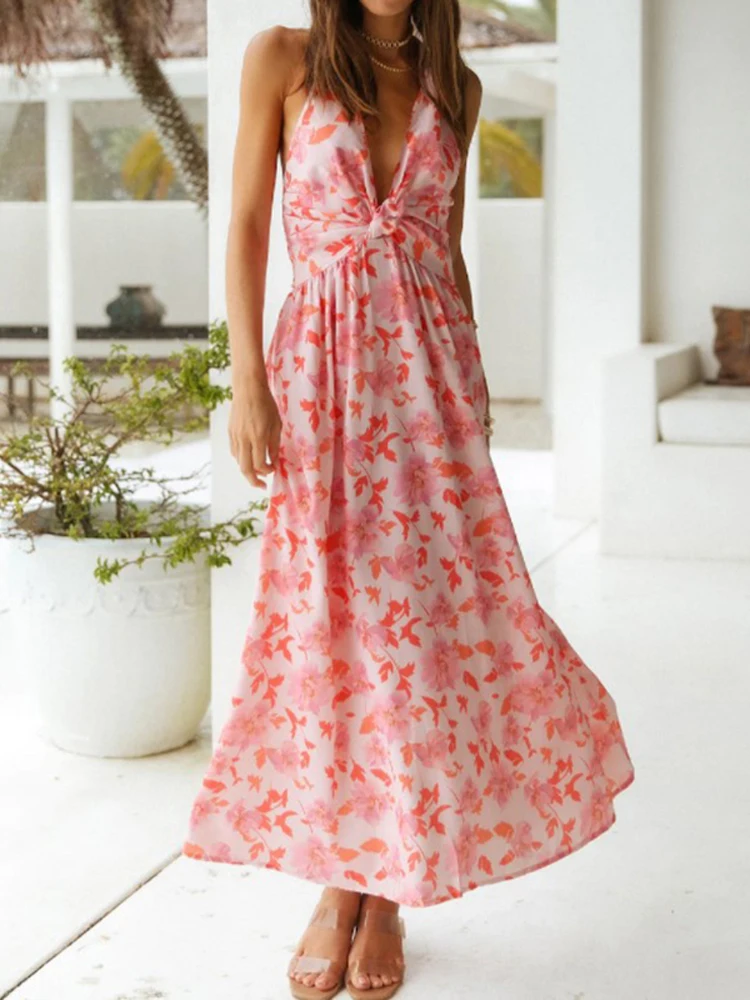 

wsevypo Boho Summer Backless Beach Dress Vacation Party Women Floral Deep V-Neck Sleeveless Sundress Halter Tie Up Long Dress