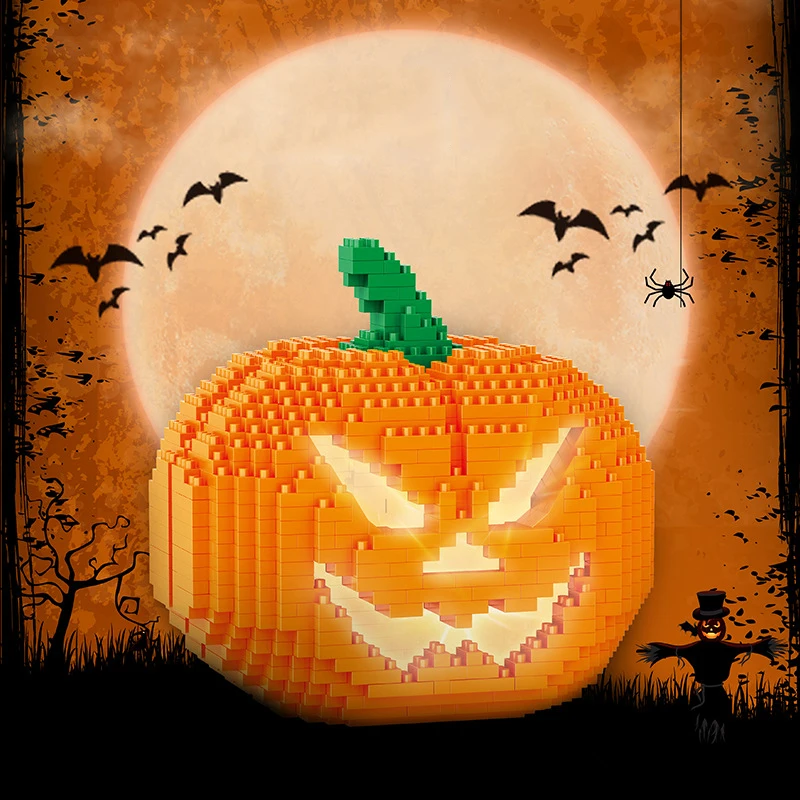 

Jack-o'-lantern Diamond Building Block DIY Halloween Pumpkin 3D Micro Bricks Model With Light Assembled Toys For Kids Gift