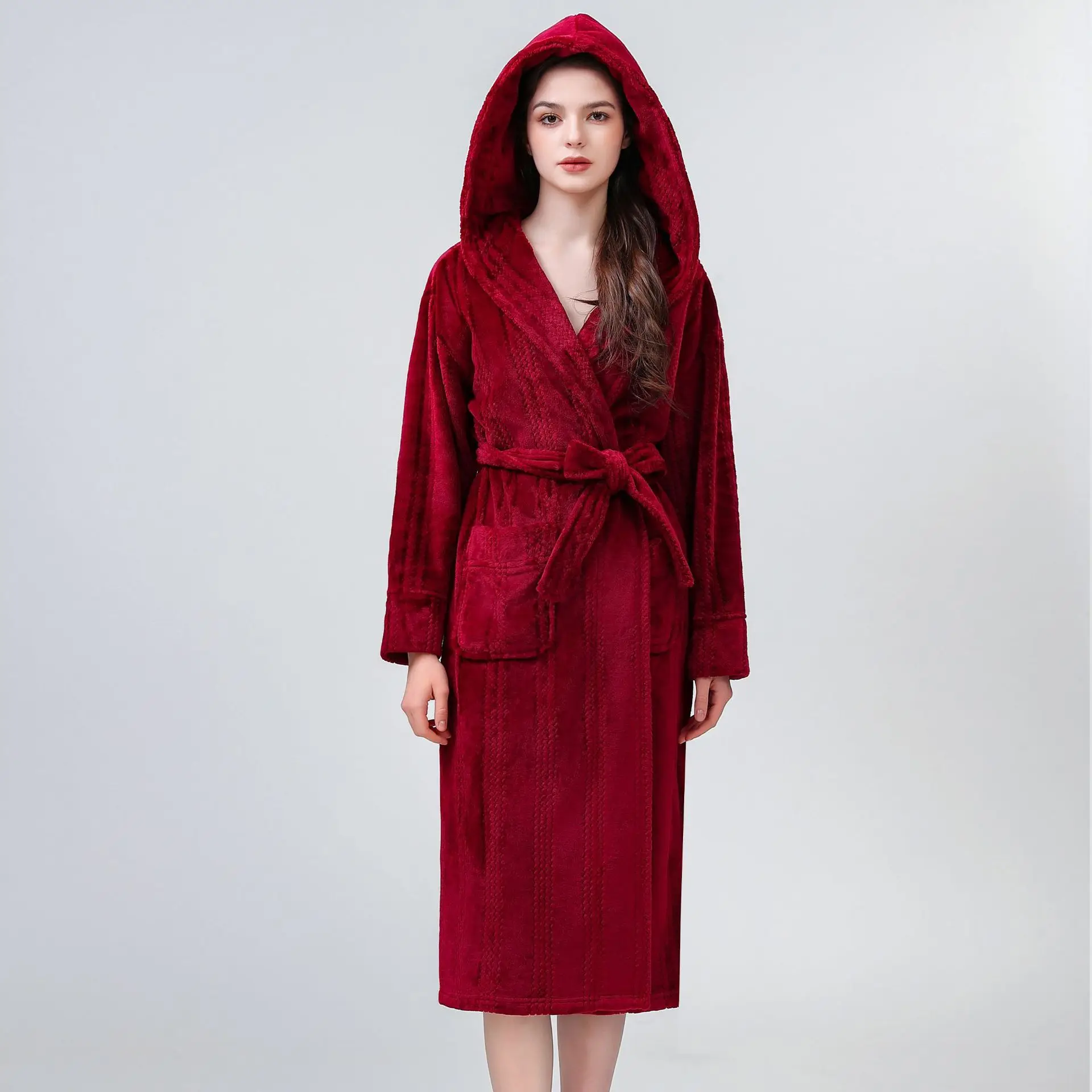 Фланелевый женский халат с капюшоном одежда для сна зимнее утепленное теплое