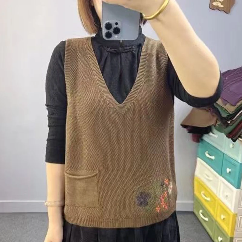 Ретро художественный жилет с v-образным вырезом и вышивкой свитер новый