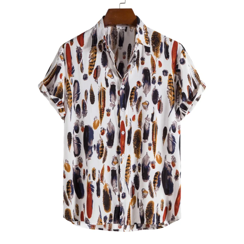

Camisas Para Hombre 2022 хлопок белый принт с перьями Летняя Повседневная Обычная Подростковая тонкая рубашка с воротником мужская одежда
