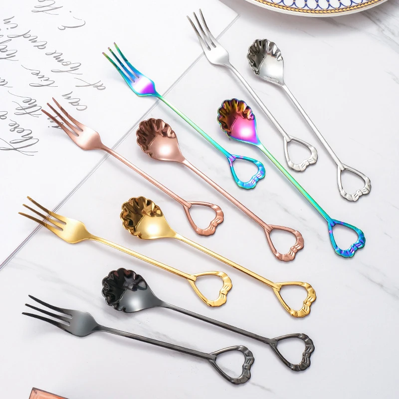 

Stainless Steel Shell Shape Spoon Fork Teaspoons Coffee Spoons Ice Cream Sugar Dessert Spoons Tableware Kitchen Accessories
