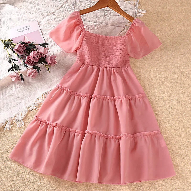 

Solid Teen Girls Patchwork Princess Dress Summer 5-12Y Young Children Short Sleeve Casual Clothing Kids Ball Gown Party Dresses