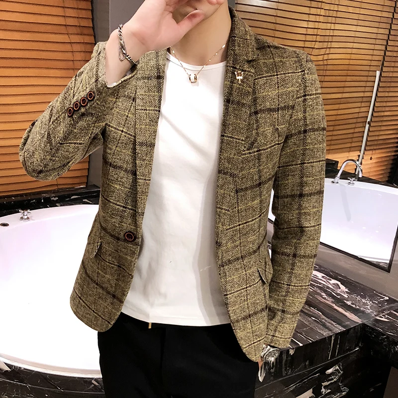 

Casual Boutique 2023 Fashion Plaid Business Jacket Suit Men's Dress New Blazers Coat Lattice Slim