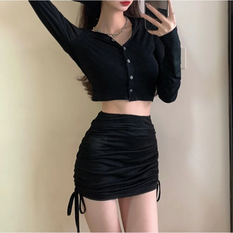 Solid Color Bow 2023 Summer Slim-fit Pleated Skirt Mini New High Waist Drawstring Elastic Sexy Bag Hip Skirt Women Yoga