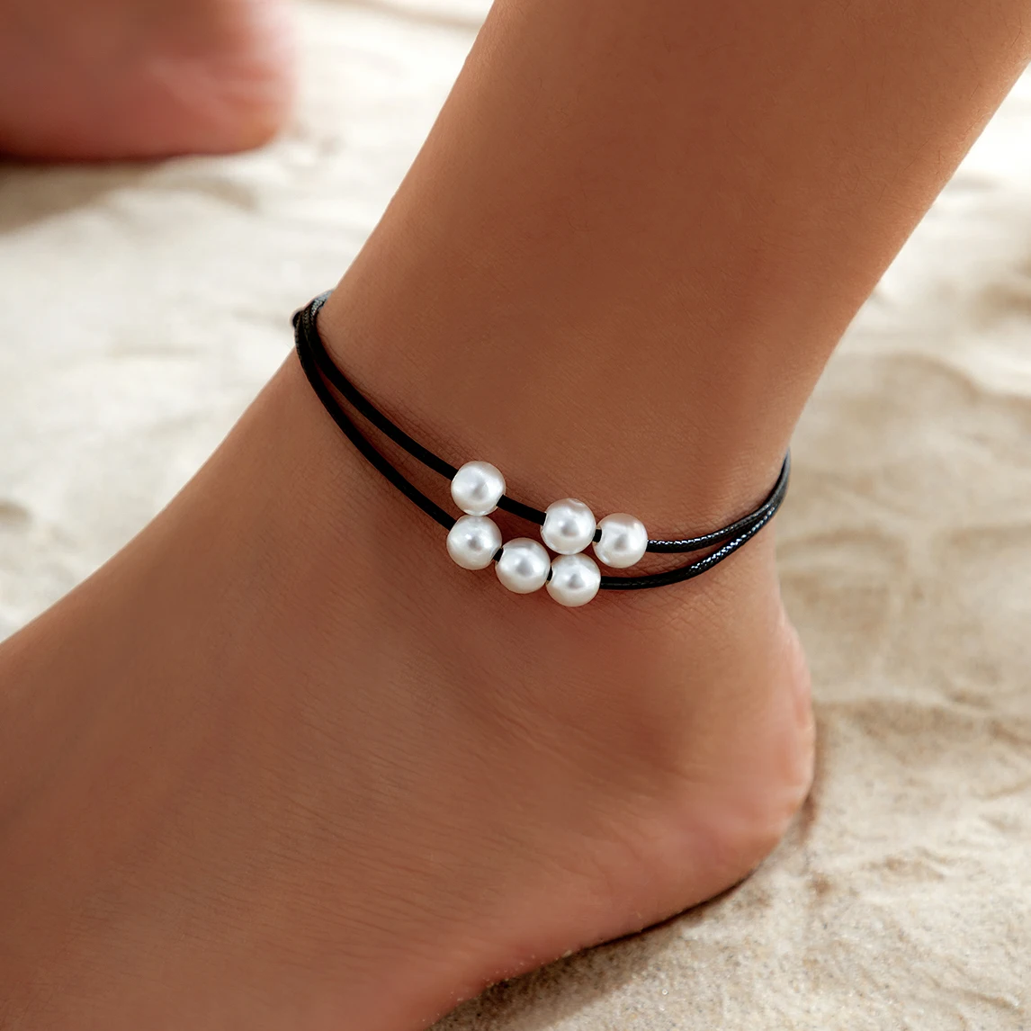 

Adjustable Chain Anklet Boho Black Wax Thread Women Summer Beach Barefoot Imitation Pearl Pendant Ankle Foot Jewelry