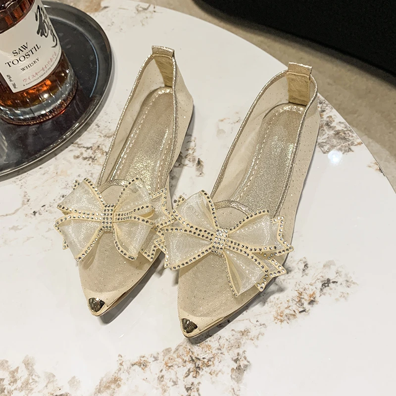 

2023 New Sexy Women Flat Shoes Mesh Fashion Women's Shoes Pointed Toe Bow-Knot Crystal Single Shoes Women Zapatos Mujer Party