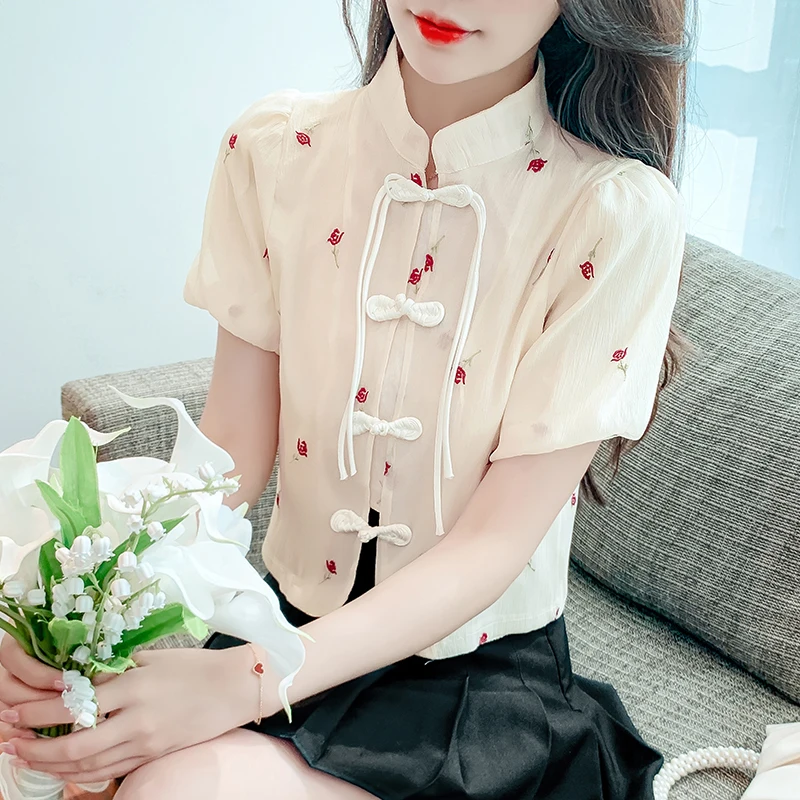 

Женская шифоновая блузка в китайском стиле, с коротким рукавом и цветочным принтом