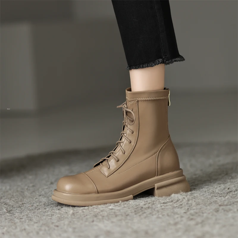 

ENMAYLA 2023 New Brand Fashion Cow Leather Boots Women Lace Up Ankle Boots Platform Shoes Autumn Winter Ladies Shoes Beige Black